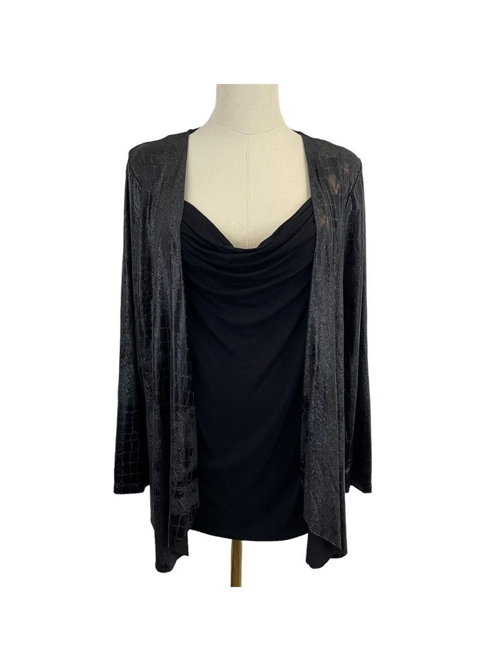 Peter Nygard Cocktail Top Womens M Petite Black Snakeskin Sparkle Party Cowl EUC